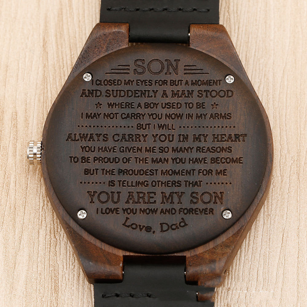 Brown Dial Wood Case Back Lettering Watch