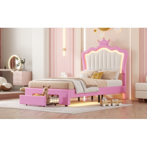 Twin Size Upholstered Bed Frame With LED Lights, Modern Upholstered Princess Bed With Crown Headboard, A Drawer