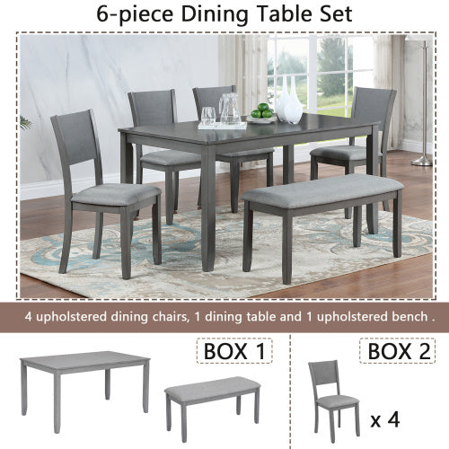 6 Piece Kitchen Dining Set, Rectangular Wooden Dining Table With 4 Upholstered Chairs And A Bench, Dining Table Set For 6 People, Living Room, Home Bar And Kitchen, Gray