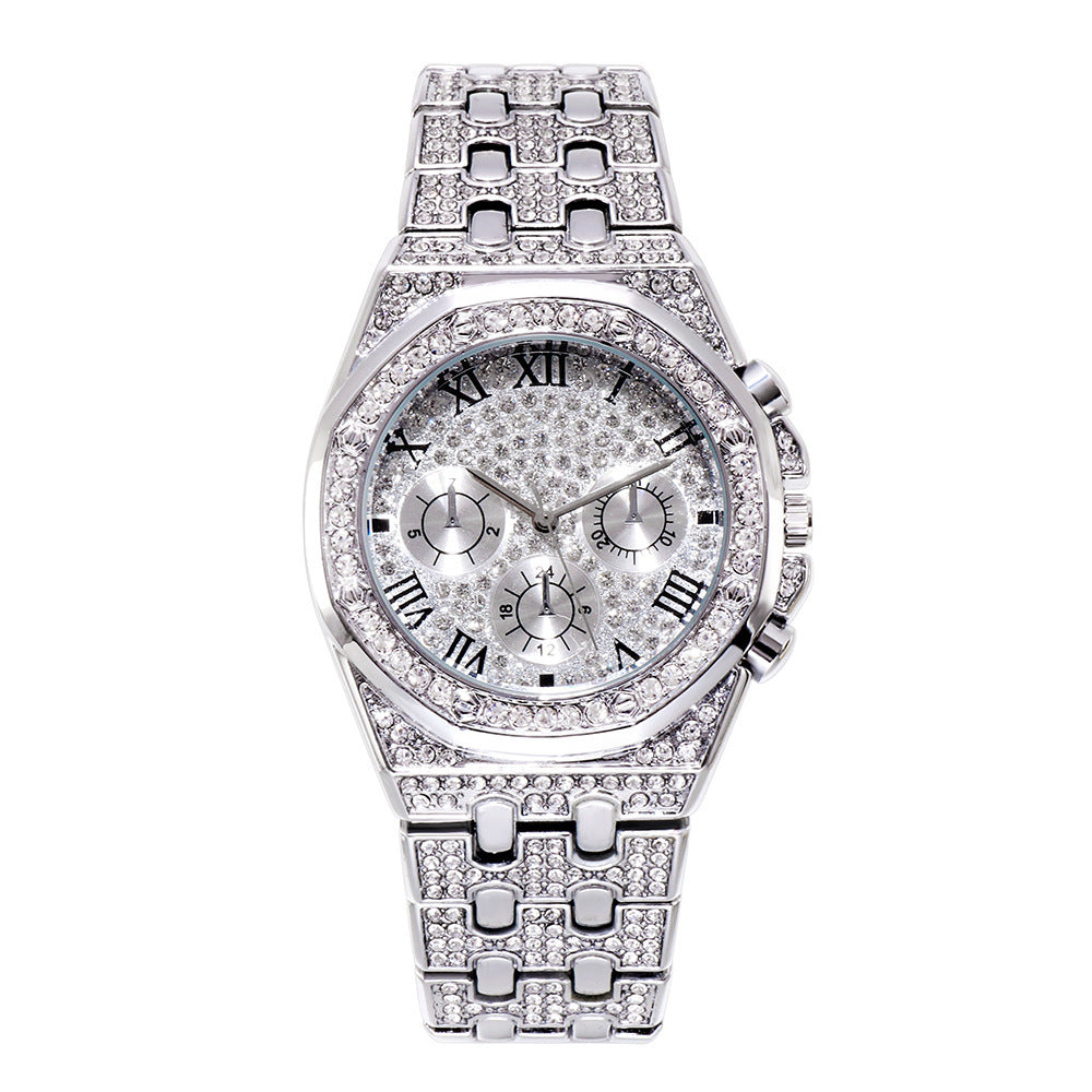 Watch with big dial full of diamonds and stars