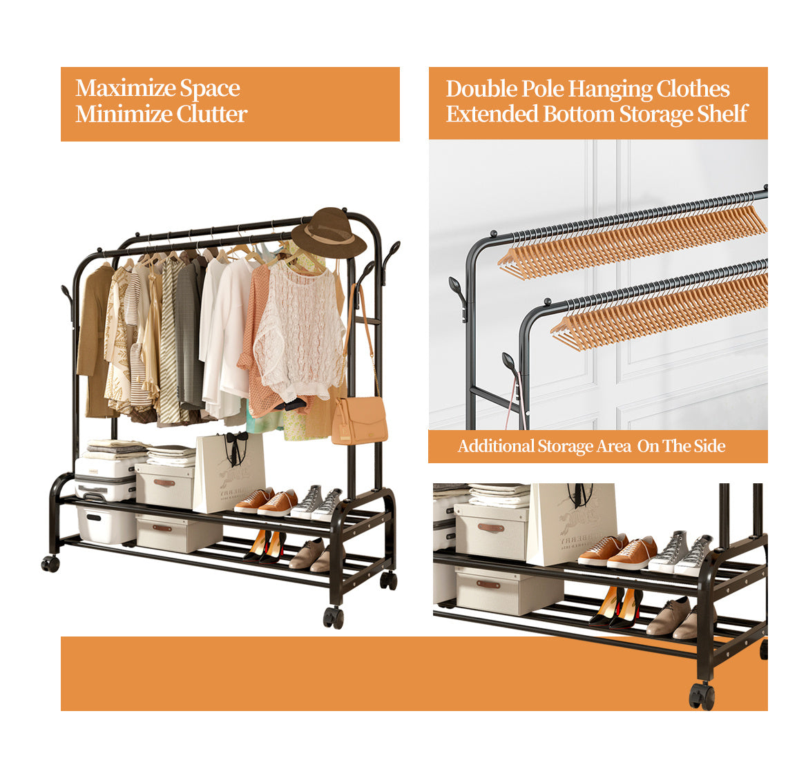 Durable Metal Double Bar Clothes Hanger With Wheels