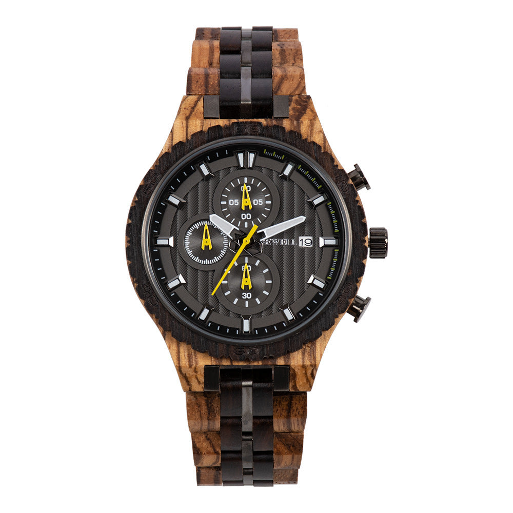 Multifunctional men's steel wood watch