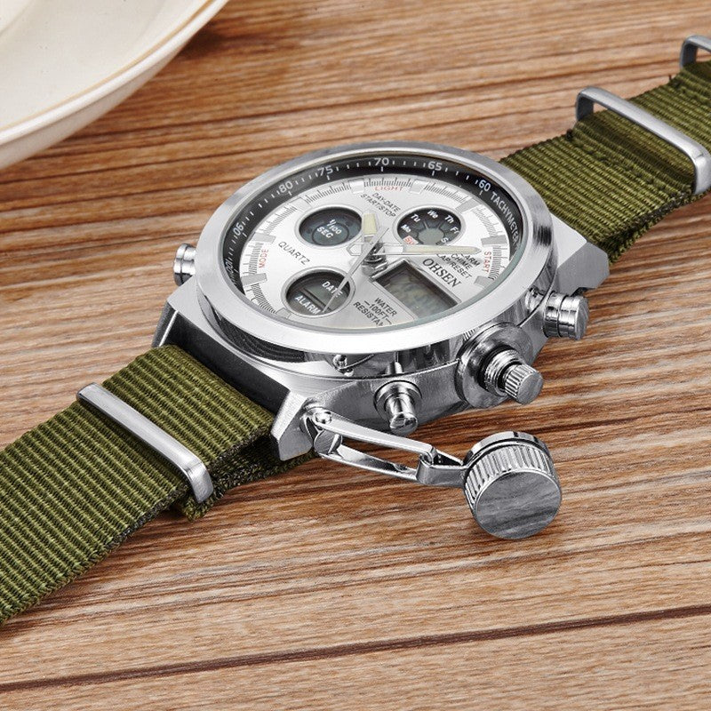 Sport watch with alloy shell, canvas and leather with large dial