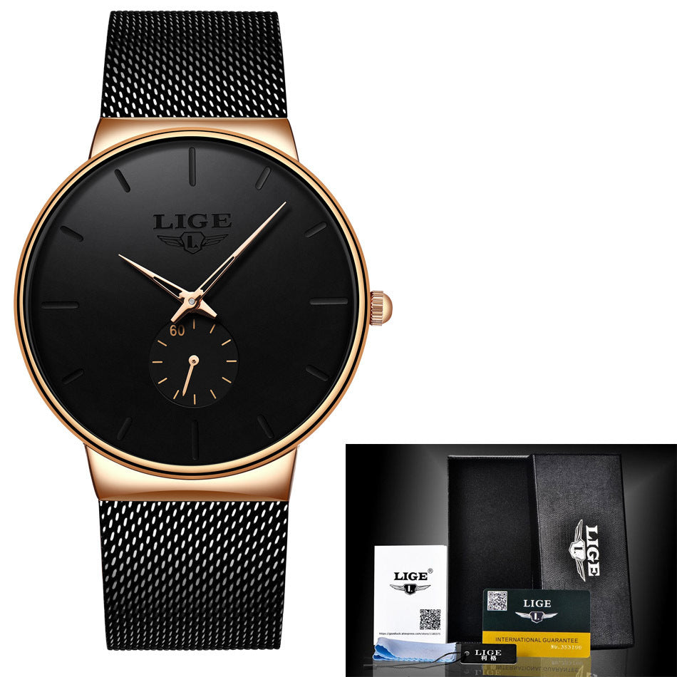 LIGE mesh strap waterproof men's watch