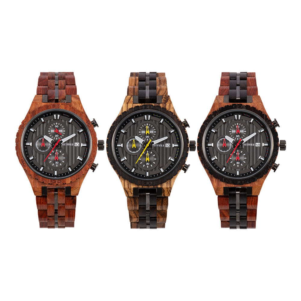 Multifunctional men's steel wood watch