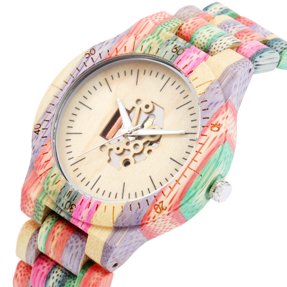 Large Dial Colorful Bamboo Skeleton Movement Quartz Wood Watch