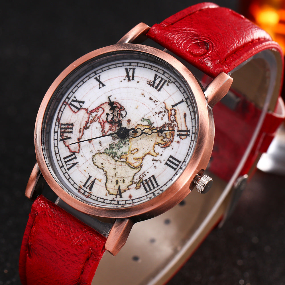 Ancient style world map Rome digital personality quartz watch creative note pointers leisure Watch