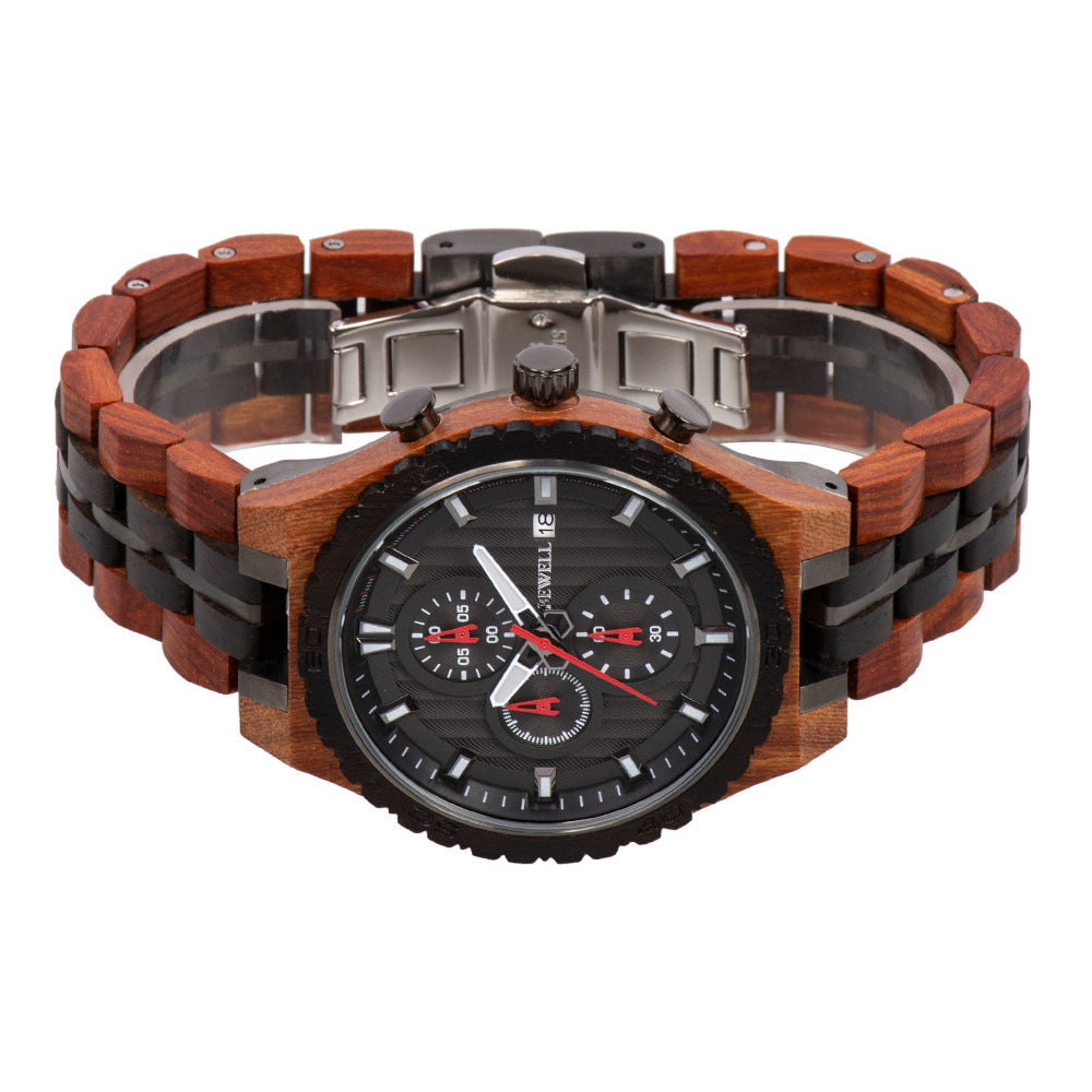 Multifunctional men's steel wood watch