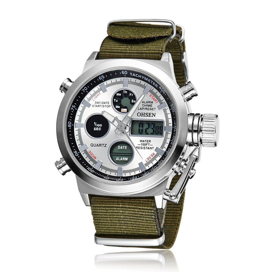 Sport watch with alloy shell, canvas and leather with large dial