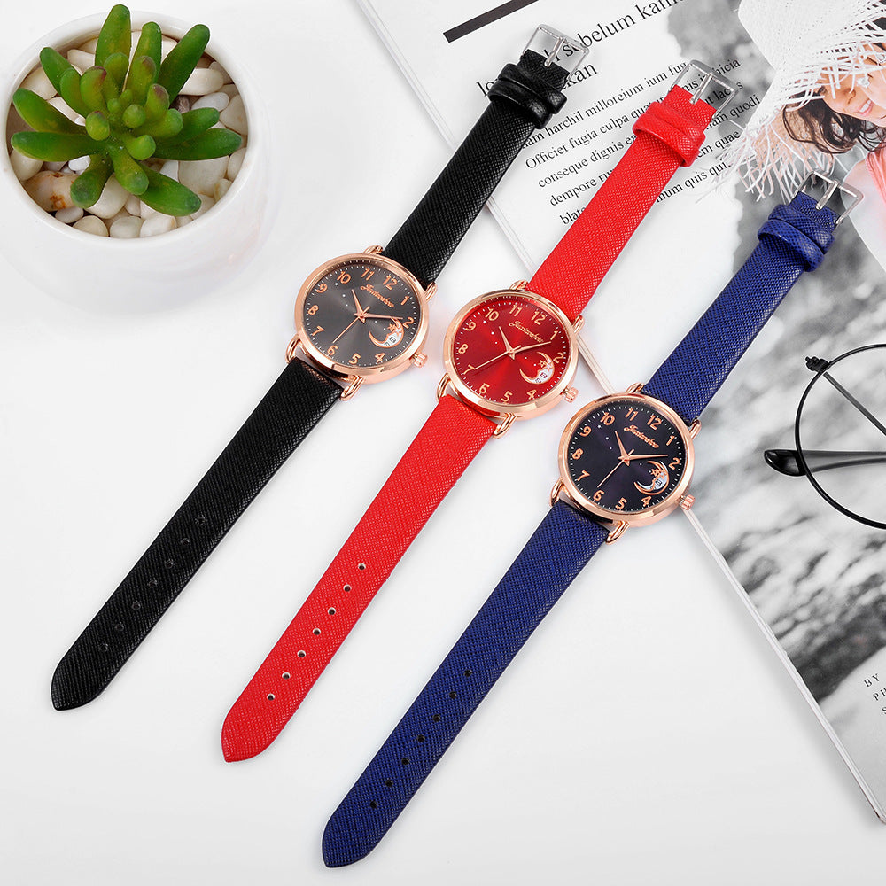 Ladies Personality Quartz Watch Pu With Pattern Dial With Calendar