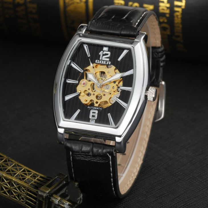 Square leather mechanical watch