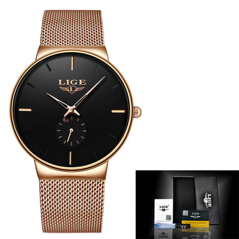 LIGE mesh strap waterproof men's watch