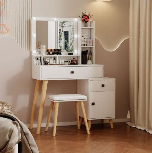 Dressing Table With Hollywood LED Mirror, Light Adjustable Brightness, Dressing Table, Padded Stool Set, White, Wooden Cosmetic Table With Drawer And Storage Cabinet