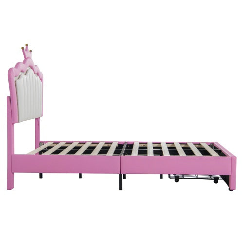 Twin Size Upholstered Bed Frame With LED Lights, Modern Upholstered Princess Bed With Crown Headboard, A Drawer