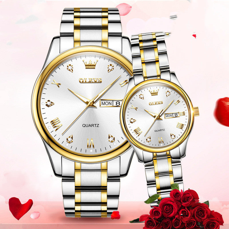 Gold Quartz Diamond Waterproof Luminous Pair Watch