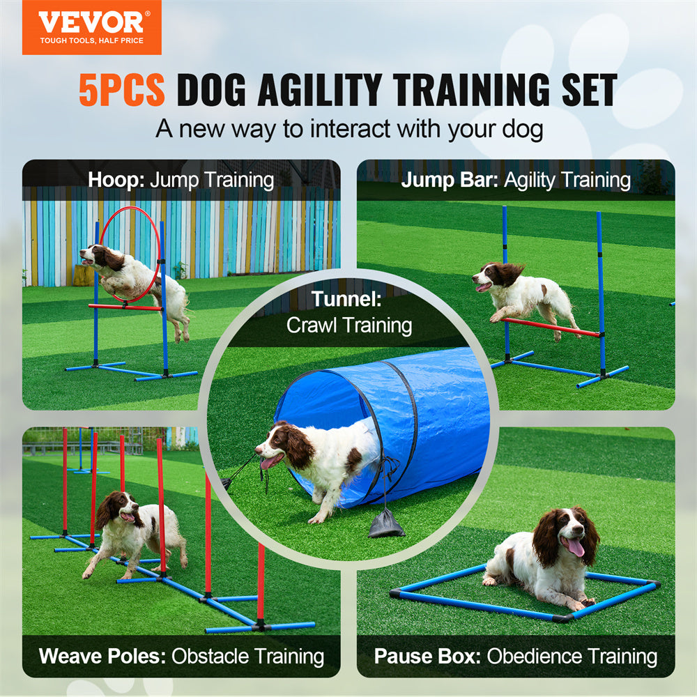 VEVOR Dog Agility Training Equipment 5 PCS Set With Hurdles Tunnel Jum-p Ring