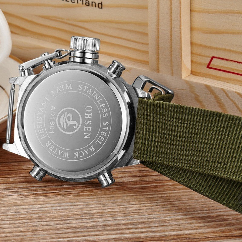 Sport watch with alloy shell, canvas and leather with large dial