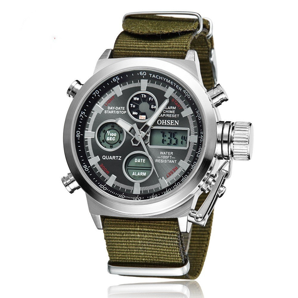 Sport watch with alloy shell, canvas and leather with large dial