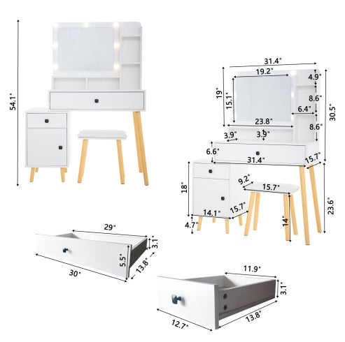 Dressing Table With Hollywood LED Mirror, Light Adjustable Brightness, Dressing Table, Padded Stool Set, White, Wooden Cosmetic Table With Drawer And Storage Cabinet