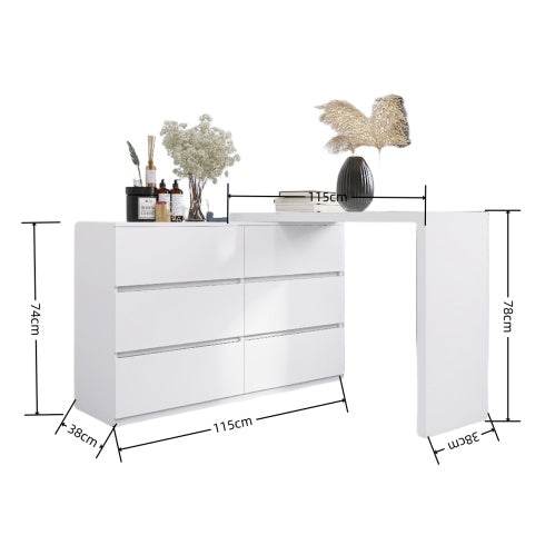 Extended Desktop 6 Drawers Chest Of Drawer Without Handle White Color Vanity