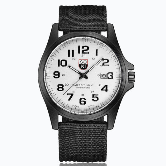 Men's calendar sports quartz watch with braided nylon strap