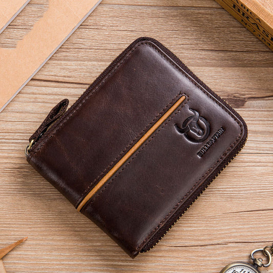 Genuine Leather Men's Horizontal Multi-card Zipper