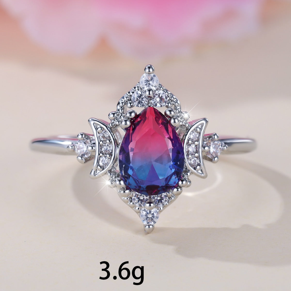 New Gradient White K Rose Blue Water Drop Tourmaline Crown Ring Personality Fashion