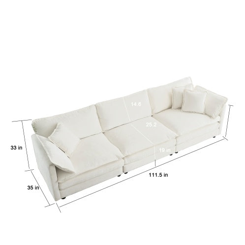 Mid-Century Modern Couch 3-Seater Sofa With 2 Armrest Pillows And 3 Toss Pillows, Couch For Living Room White Chenille