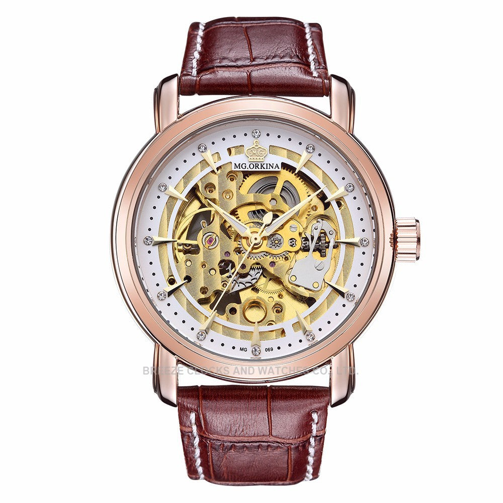 Men's hollow luxury diamond leather strap watch