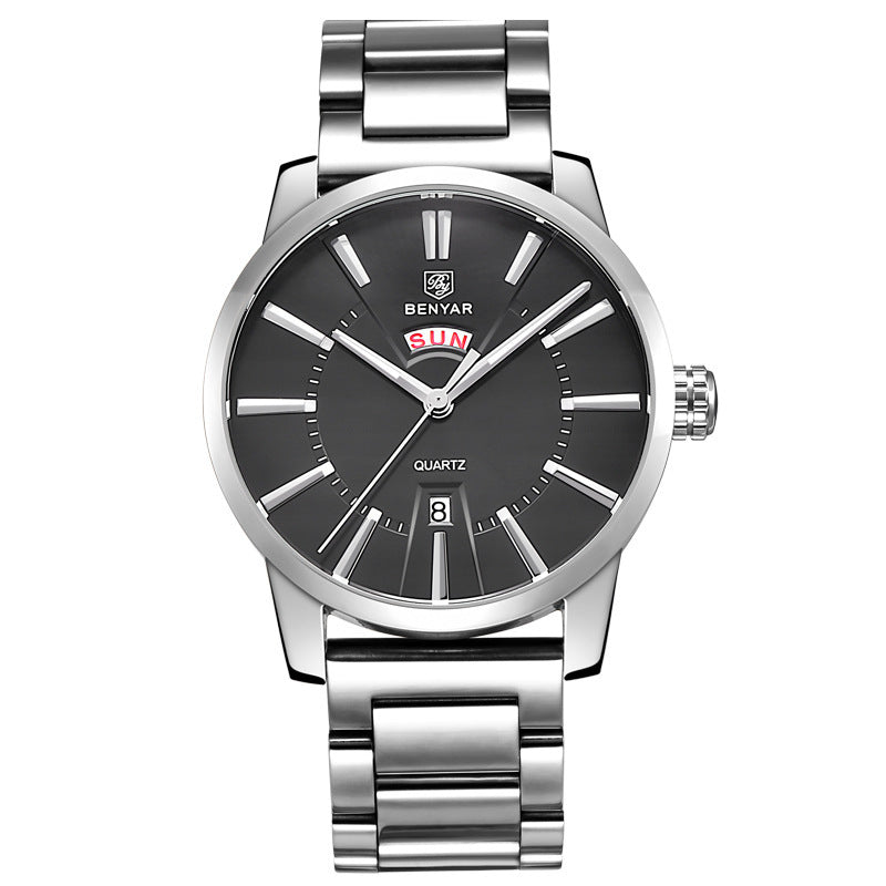 Binya Fashion Calendar Waterproof Steel Band Men's Watch