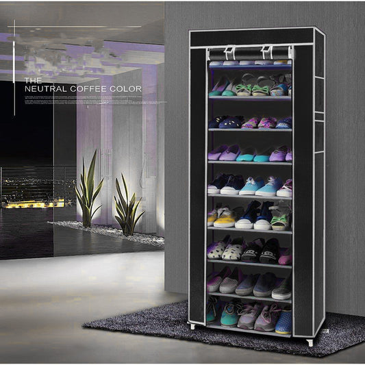 10-layer 9-panel Non-woven Shoe Cabinet Black