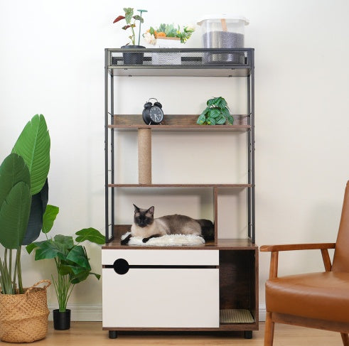 Cat Litter Box Enclosure With Shelves,Hidden Litter Box With Scratching Posts, Litter Box Furniture ,Wooden Cat Tree