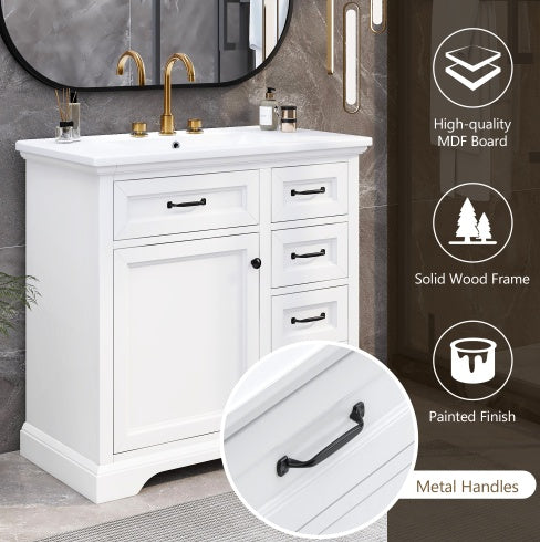 36Bathroom Vanity With Sink, Ceramic Sink, 2 Tip-out Drawers, Soft Close Door Hinges, White