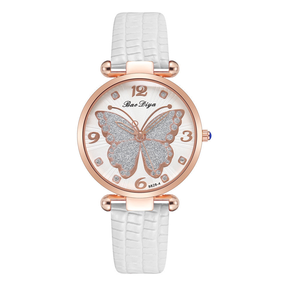 Glitter Butterfly Pattern Quartz Ladies Casual Belt Watch