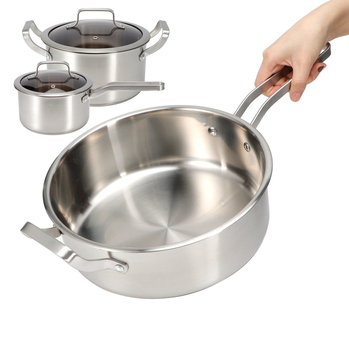 3PCS/Set Stainless Steel Cookware Set Soup Pot Frying Milk Pan with Compound Bottom for Kitchen