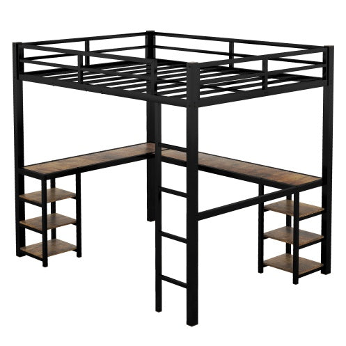 Full Metal Loft Bed With Desk And Shelves, Loft Bed With Ladder And Guardrails, Loft Bed Frame For Bedroom