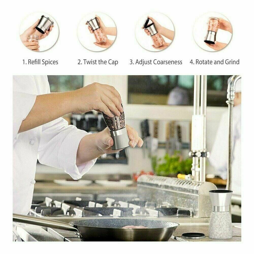 2x Pepper And Salt Grinder Set Mill Adjustable Stainless Steel Shaker Coarse