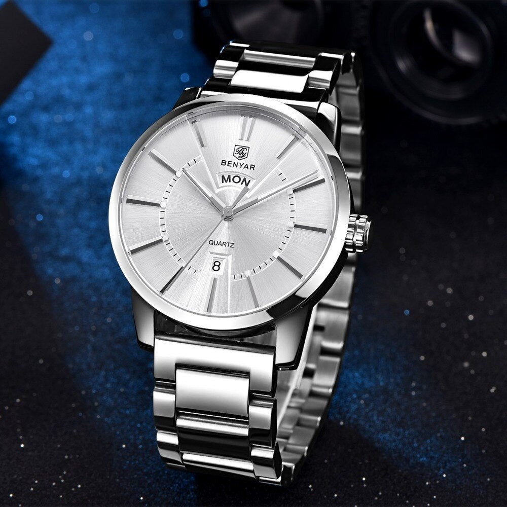 Binya Fashion Calendar Waterproof Steel Band Men's Watch