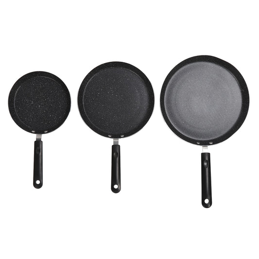 3 Piece Frying Pan Set Black Aluminum Alloy Portable Anti Stick Frying Pan for Egg Mille Feuille Pizza