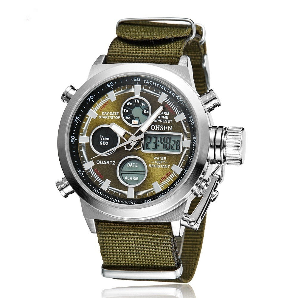 Sport watch with alloy shell, canvas and leather with large dial