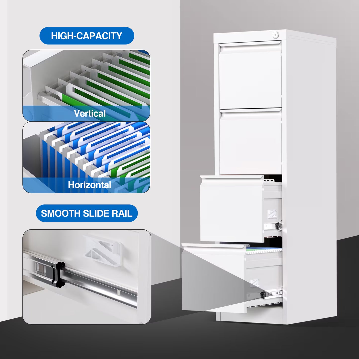 Metal Vertical File Storage Cabinet With 4 Drawer,Office Home Steel Lockable Vertical File Cabinet For A4 Letter Legal Size, 14.96inch W X 17.72inch D X 52.36inch H, Assembly Required White