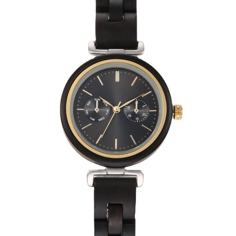 Round Analog Ebony Wood Quartz Watch