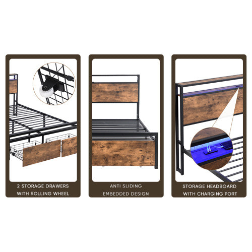 Queen Size Bed Frame With Storage Headboard And 2 Drawers, LED Lights Bed With Charging Station