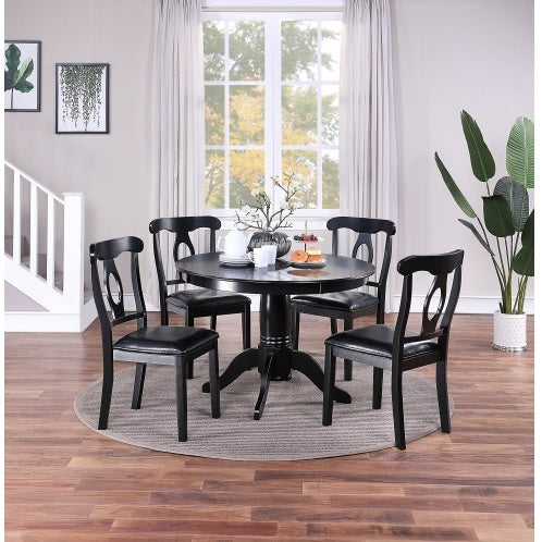 Classic Design Dining Room 5pc Set Round Table 4x Side Chairs Cushion Fabric Upholstery Seat Rubberwood Black Color Furniture