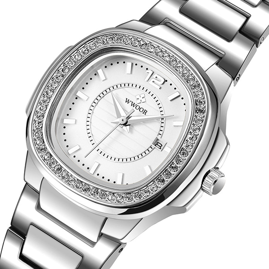 Women's watch with steel band inlaid with diamond