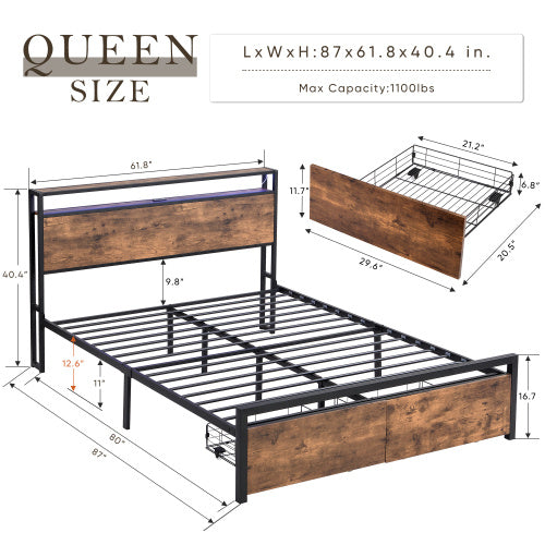 Queen Size Bed Frame With Storage Headboard And 2 Drawers, LED Lights Bed With Charging Station