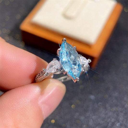 Ornament Copper Inlaid Light Blue Horse Eye-shaped Zircon Wedding Ring