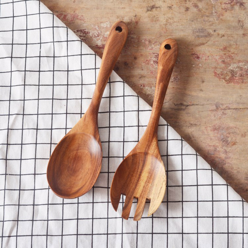 2Pcs/Set Wooden Salad Servers Salad Spoon and Fork Set Cooking Utensils