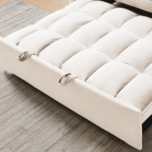 Modern Velvet Loveseat Futon Sofa Couch W Pullout Bed,Small Love Seat Lounge Sofa W Reclining Backrest,Toss Pillows, Pockets,Furniture For Living Room,3 In 1 Convertible Sleeper Sofa Bed, Creamy White