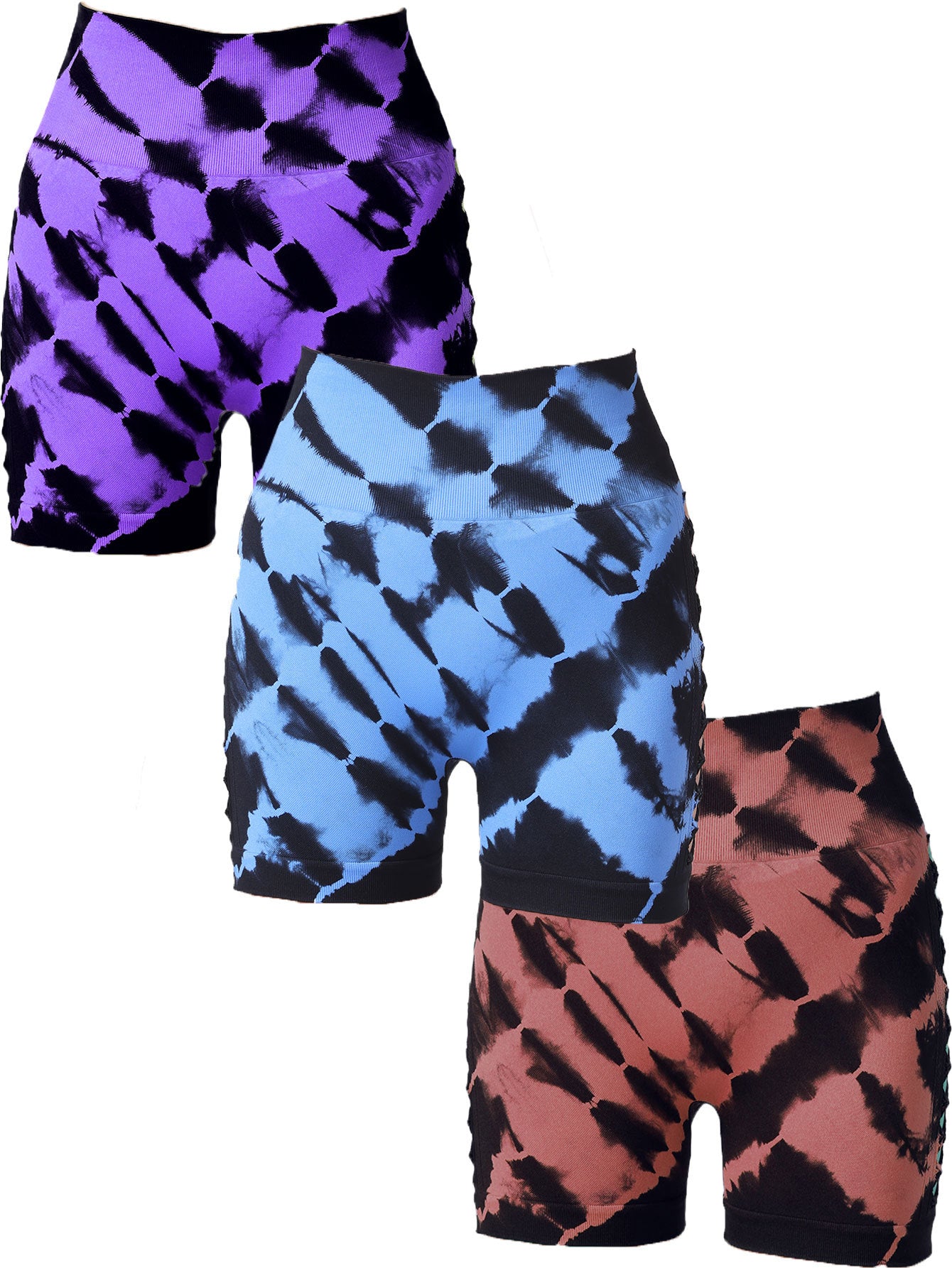 3 Pack Women's Side Cut-Out Tie-Dye Seamless Hip Lift High Waist Sports Fitness Yoga Shorts